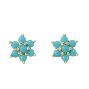 May include: A pair of gold stud earrings with turquoise flower designs. Each earring features a five-pointed star shape with turquoise stones.