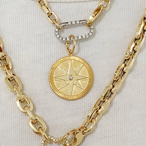 14K Solid Gold Diamond Compass Fluted Charm Medallion Dangle Pendant (Real Gold North Star Starburst Layering Polaris Pendants) In Stock!!!