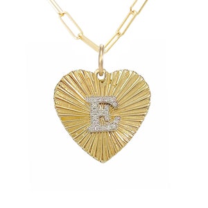 Personalized Pavé Diamond Initial 14K Solid Gold Fluted Heart Necklace, Medium Sz (Sunbeam Sunburst Medallion Custom Pendant Real Diamonds)