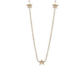 Triple Star 14K Solid Gold Charm Necklace (Dainty Three Stars By the Yard Pendant Charms in Adjustable Chain Necklace)