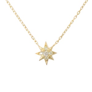 Diamond Starburst 14K Solid Gold Necklace, Small Size (Polaris Star 3D North Star Compass Symbol Charm Pendant ~ Pavé Real Natural Diamonds)