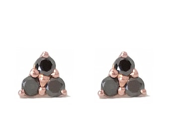 Black Diamond 14K Solid Gold Cluster Stud Earrings (Dainty Triple Trinity Mini Triangle Triple Dot Stud ~ Responsibly Sourced Real Diamonds)