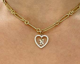 Personalized Pavé Diamond Heart Initial 14K Solid Gold Pendant, Medium Sz (Old English Font Initial Letter Custom Real Diamonds Halo Charm)