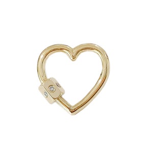 Heart Enhancer 14K Solid Gold Carabiner Lock Charm (Real Diamond Heart Shape Pendant Necklace Solid Gold Screw Lock Charm Connector Holder)