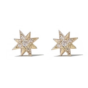 Diamond Starburst Stud 14K Solid Gold Earrings {Pavé Real Diamond Polaris Star Sunburst} (as Single or Pair w/ Push or Screw Back Backing)