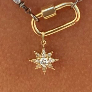 Diamond Starburst 14K Solid Gold Necklace, Large Size (Pavé North Star Polaris Star Compass Symbol Charm Pendant) In Stock! Ready to Ship!