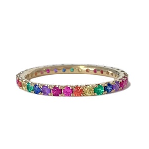 Rainbow Sapphire Gemstone 14K Solid Gold Full Pavé Eternity Band Ring: Stacking Stackable Bands Rings in Real 14K Yellow, White or Rose Gold