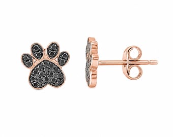 Black Diamond Paw Print Stud 14K Solid Gold Earrings; Single or Pair with Push, Screw or Flat Back Backings; Great for Multiple Piercings