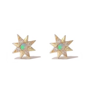 Aretes tipo botón de oro macizo de 14 quilates con pavé de ópalo y diamantes (Polaris Star, ópalo auténtico y diamantes) (individual o en par, con cierre a presión o rosca)