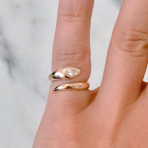 Snake Wrap Ring 14K Solid Gold Bypass With Pear Cut Diamond Cobra Head (Minimalist Modern Unique Open Bypass Finger Wrap Statement Ring)