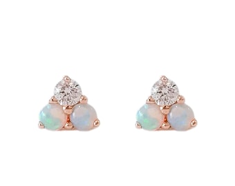 Tri Opal & Diamond Cluster 14K Solid Gold Stud Earrings (Mini Trinity Triangle Real Opal Diamond Clovers) {Great for Second Hole Piercings}