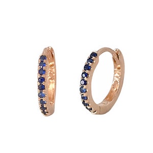 Blue Sapphire 14K Solid Gold Huggie Hinged Pavé Hoop Earring, 9mm Outer x 6mm Inner Diameter ~ Small Size (Cartilage or Helix Piercings)