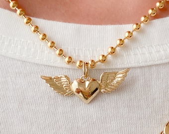 Flying Heart 14K Solid Charm Pendant (Double Wing Heart Real Solid Gold Charm Pendant, Heart in Flight ~ Memorial Gift Ideas) In Stock!