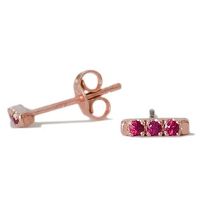 Ruby 14K Solid Gold Rectangle Pavé Bar Stud Earring, XS Size (Real Natural Rubies, For All Piercings) {Single or Pair, Push or Screw Back}