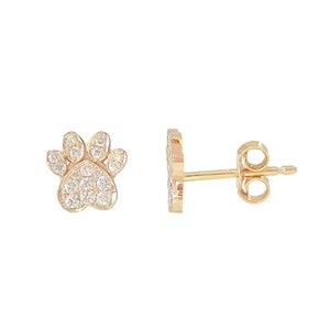 Diamond Paw Print 14K Solid Gold Stud Earrings {Pavé Real Diamond Detailed Dog Paw Print Earring}(Single or Pair of Studs Yellow White Rose)