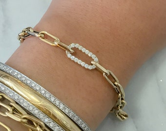 Thick Oval Diamond Link 14K Solid Gold Italian Chain Link Bracelet (Open Link Classic Chain Layering Bracelet, Everyday Wear Charm Bracelet)