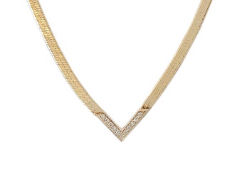 Diamond Chevron Herringbone 14K Solid Gold Chain Necklace (Vintage Style V Shape Diamond Layering Italian Chain Necklace, Multiple Lengths)