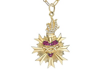 Flaming Sacred Heart 14K Solid Gold Necklace Fluted Charm (Sacred Heart of Jesus, Real Natural Diamonds & Ruby Medallion Dangle Pendant)