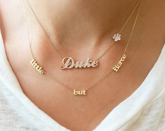 Triple Name 14K Solid Gold Necklace (Real Gold Charm Personalized Three Nameplate  Detailed Block Font Style ~ Multiple Kids Name Necklace)