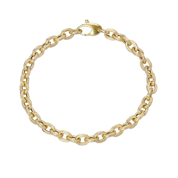 Thick Rustic Oval Link 14K Solid Gold Italian Chain Link Bracelet (Open Link Classic Chain Layering Great Everyday Wear Charm Bracelets)