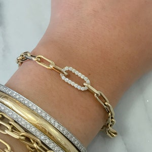 Thick Oval Diamond Link 14K Solid Gold Italian Chain Link Bracelet (Open Link Classic Chain Layering Bracelet, Everyday Wear Charm Bracelet)