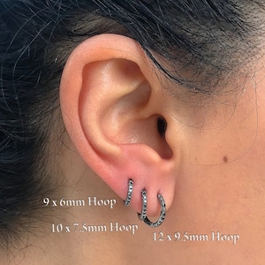 14K Solid Gold Black Diamond Huggie Hoop Earring, Medium Size: 10mm x 7.5mm  ~ Ready to Ship! (Hinged Pavé Real Black Diamonds)