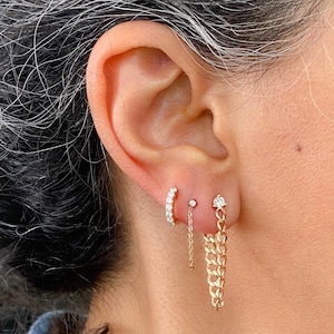 ダイヤモンド 14K ソリッド ゴールド ダングル キューバン チェーン スタッド イヤリング (本物の 3 mm ダイヤモンド ミニマリスト フロントからバック スタイル スタッド シングルまたはペア イヤリング)