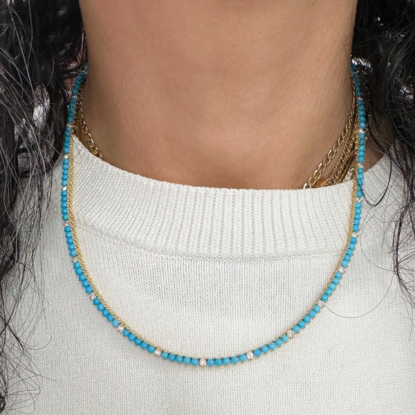 14K Solid Gold Turquoise & Diamond Tennis Necklace (Responsibly Sourced Natural Real Diamond Turquoise Eternity Style Choker Line Necklace)