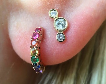 Rainbow 14K Solid Gold Huggie Hoop Earrings, 11mm x 7mm Diameter (Thick Pavé Real Rainbow Sapphire Hinged Ear Hoop Huggies) READY TO SHIP!!!