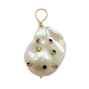Celestial Rainbow Baroque Pearl 14K Solid Gold Charm Pendant (Real Natural Cultured Freshwater Fireball Pearl Layering Solitaire Charms)