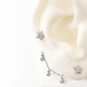 Triple Diamant baumeln 14K Solid Gold Cabrio Kette Ohrring Jacke (Trio Set 3 echte Diamanten von vorne nach hinten Stil Ohr Charm Zubehör)