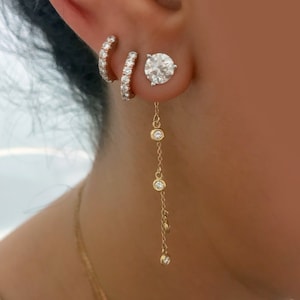 Diamond Fringe Dangle 14K Solid Gold Chain Earring Jacket (Convertible 4 Diamond Fringed Style Ear Charm Accessory){Real Natural Diamonds}