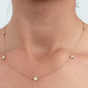 5 Star 14K Solid Gold Necklace (Real Gold Celestial Dainty Stars by the Yard Style Adjustable Chain Charm Necklace) in Yellow, White or Rose