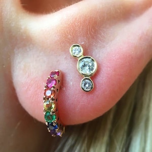 Rainbow 14K Solid Gold Huggie Hoop Earrings, 11mm x 7mm Diameter (Thick Pavé Real Rainbow Sapphire Hinged Ear Hoop Huggies) READY TO SHIP!!!