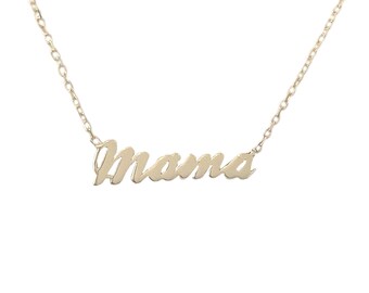 Script Font "Mama" 14K Solid Gold Pendant Charm Necklace (Dainty 'Mama' Nameplate Necklace, Great Push Present Gift Ideas for New Moms)