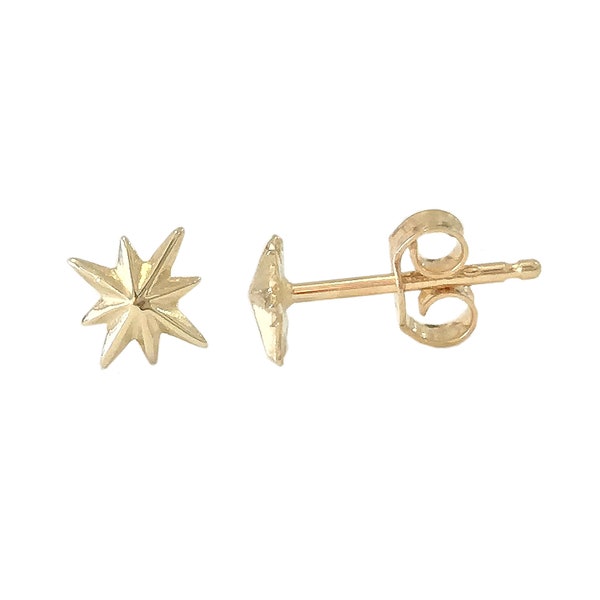 Starburst Stud 14K Solid Gold Earrings, XS Size {Detailed North Star Polaris Star Sunburst}(as Single or Pair w/ Push or Screw Back Backing)