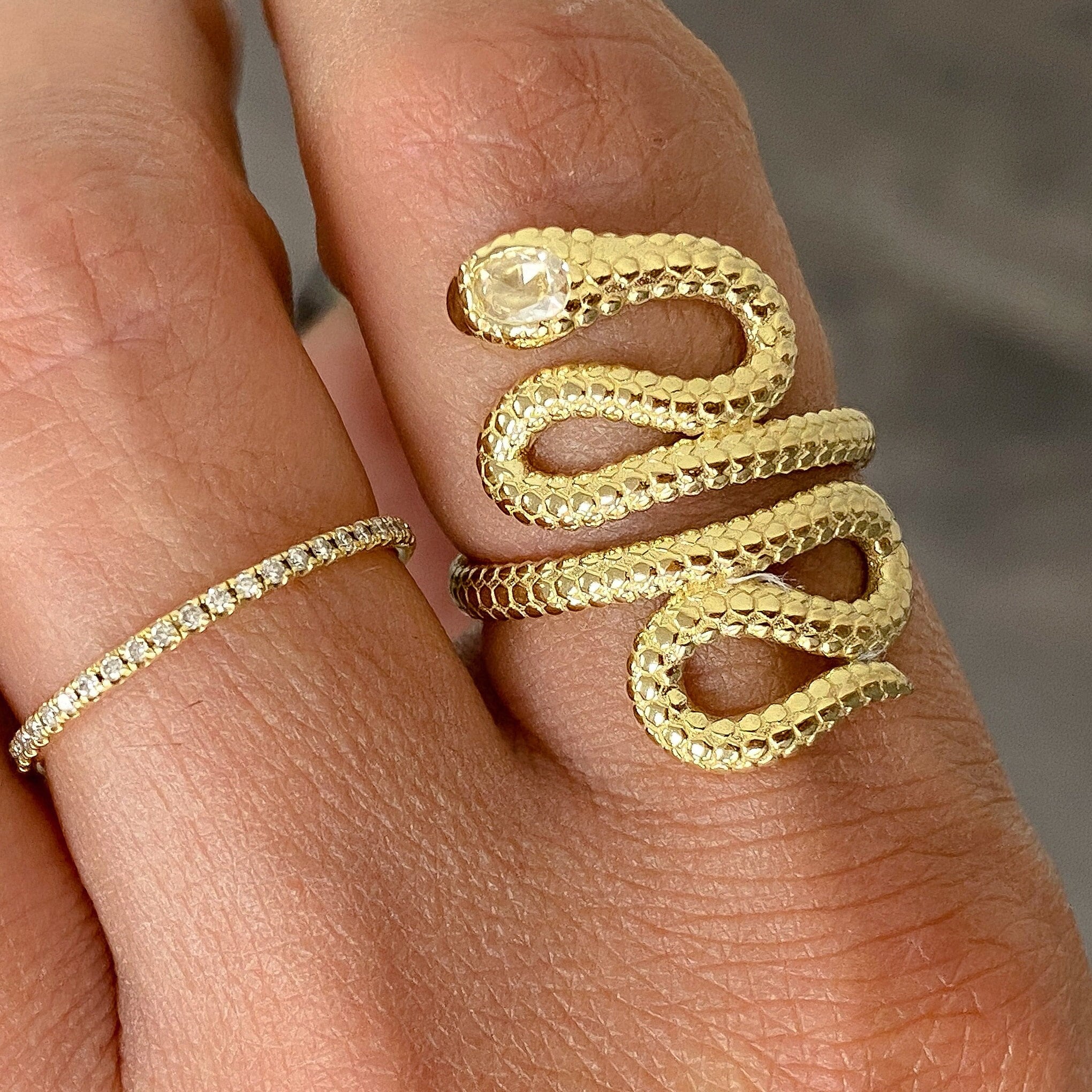 Snake Ring 14K Solid Gold Bypass With Rose Cut Diamond Head
