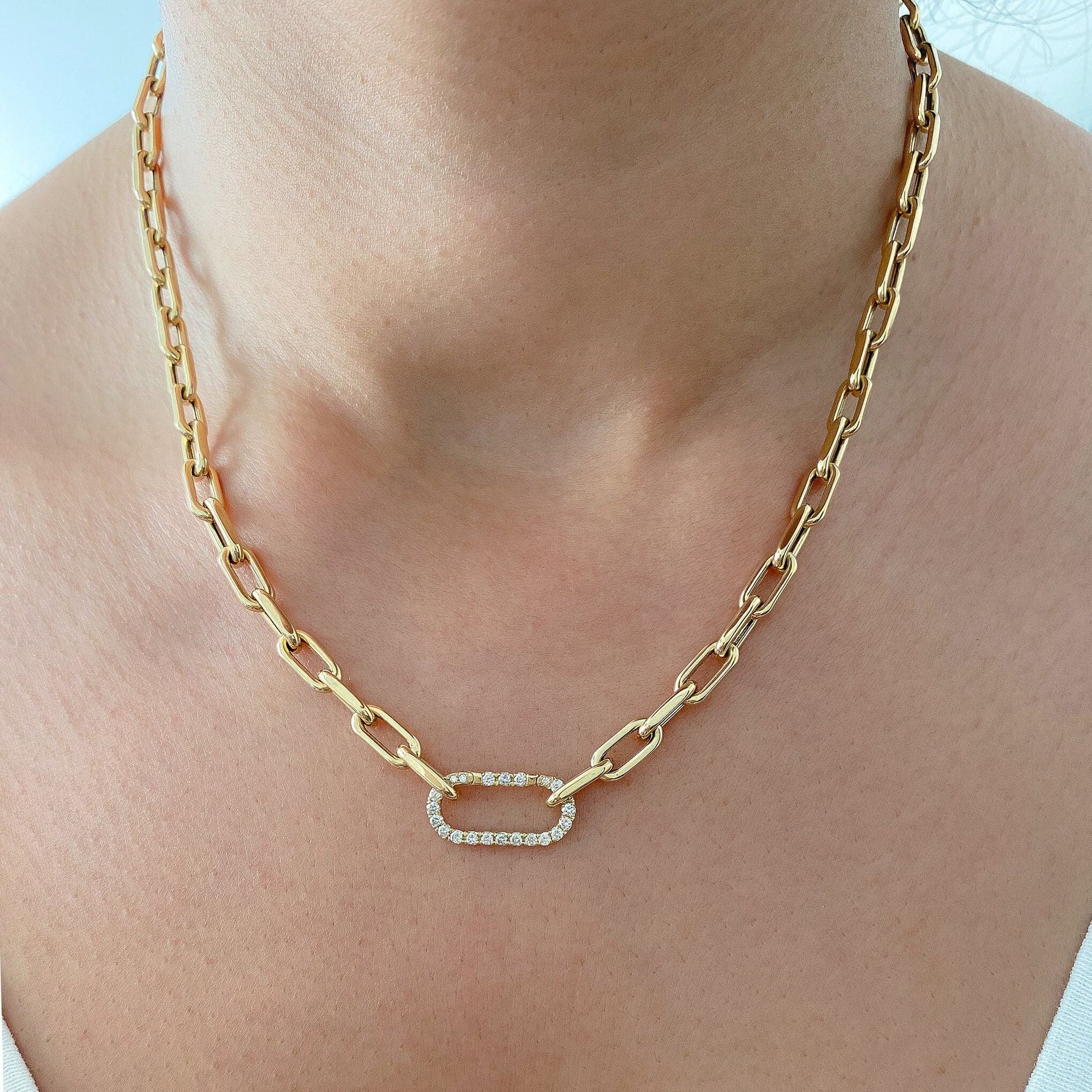 Diamond Elongated Oval 14K Solid Gold Enhancer Lock Charm Necklace (Diamond Lock Durable Chain Enhancer Necklace For Charms and Thick Links)