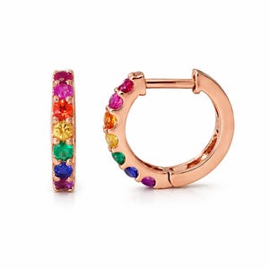 May include: Rose gold hoop earrings with a rainbow of colorful gemstones. The earrings feature a hinged closure and are set with red, pink, orange, yellow, green, blue, and purple stones. The earrings are shown against a white background.