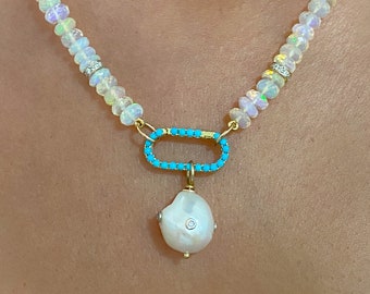 Turquoise 14K Solid Gold Charm Pendant Lock: Solid Gold & Natural Real Turquoise Enhancer Connector (Double Sided Gemstones)