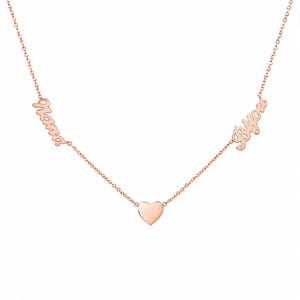 Doppeltes Namensschild 14K Solid Gold Herz Halskette (Einzigartiges Individuelles Echt Gold Detaillierter Script Font Style Anhänger Charm ~ Personalisierte Geschenkideen)