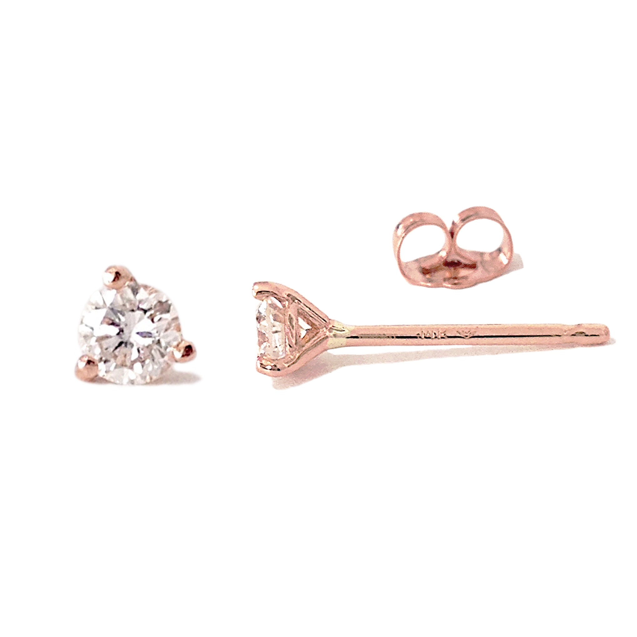 14K Solid Gold Diamond Stud Earring {2mm Solitaire 4 Prong Single or Pair of Studs W Push or Screw Back ~ Responsibly Sourced Real Diamonds}