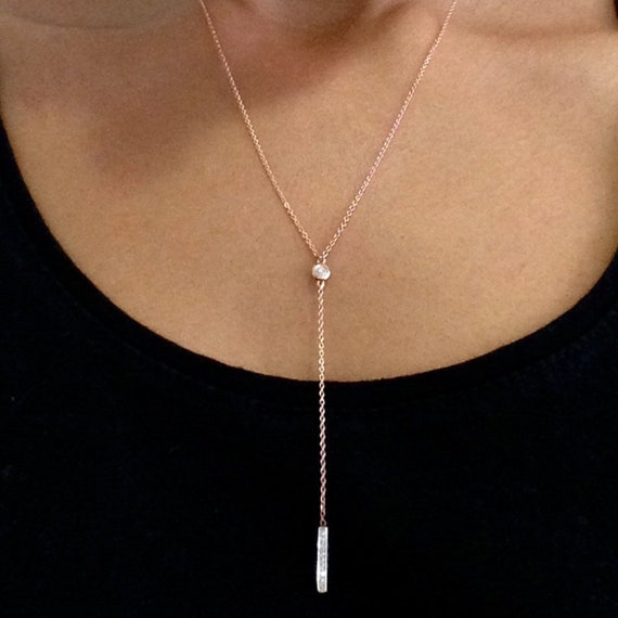 Diamond 14K Solid Gold Lariat Necklace dainty Pav y Drop Faux