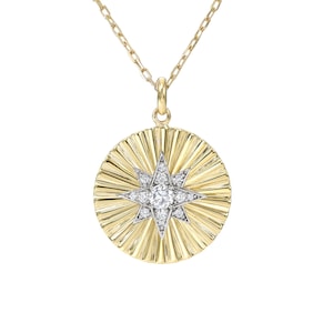 Diamond Starburst 14K Solid Gold Necklace Fluted Charm Medallion Dangle Pendant, Lrg Sz Star (Sunburst Celestial Real Natural Diamond Charm)