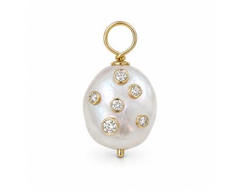Baroque Pearl 14K Gold Diamond Pendant: Celestial Charm; Real Natural Diamonds in Yellow, White or Rose Gold