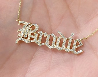 Diamond Nameplate 14K Solid Gold Necklace (Pavé Name or Word Custom Old English Font Pendant Charm Personalized Names Words Phrases Gifts)