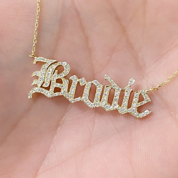 Diamond Nameplate 14K Solid Gold Necklace pave Name or Word Custom Old English Font Pendant Charm Personalized Names Words Phrases Gifts Etsy Canada
