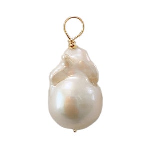 Baroque Fireball Pearl 14K Solid Gold Charm Pendant (Real Natural Cultured White Freshwater Pearl Charm Layering Solitaire Pendant)