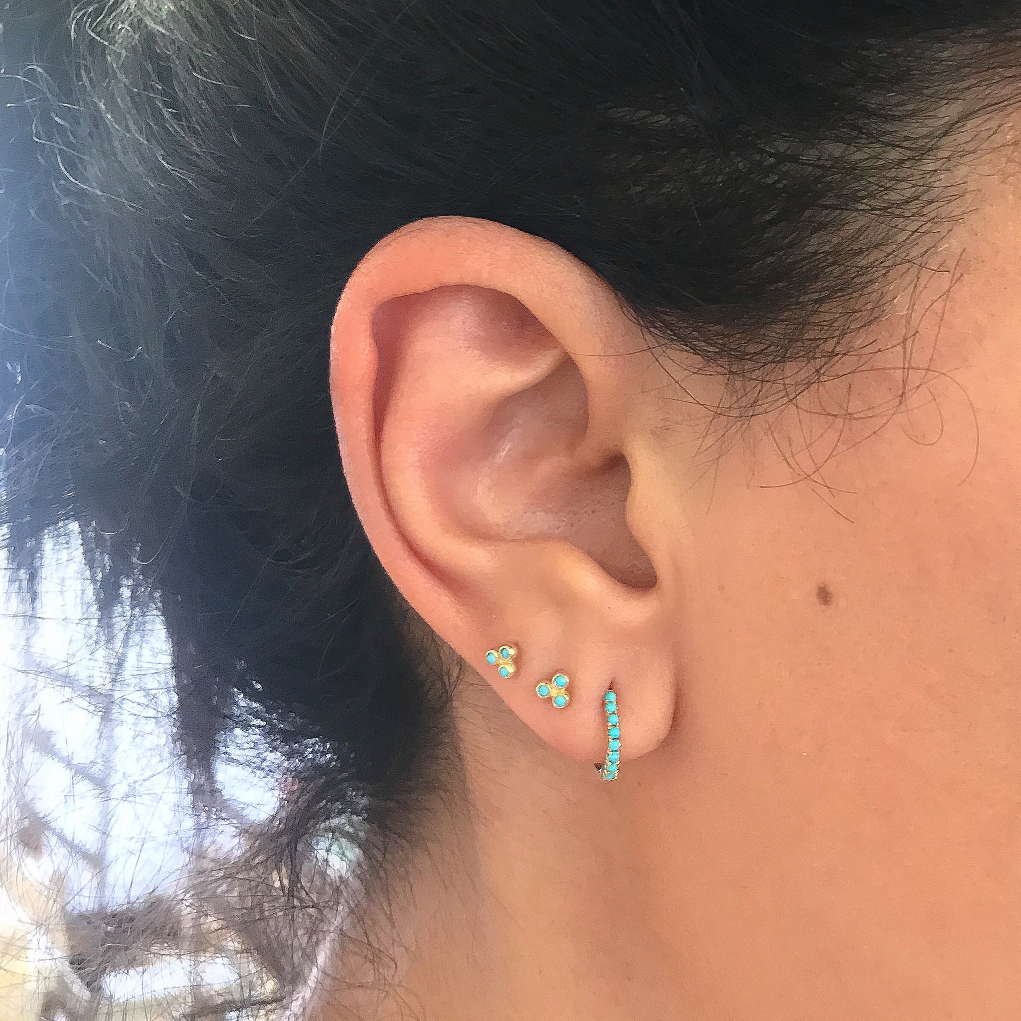14K Solid Yellow Gold Turquoise Ball Huggie Hoop Dangle Earrings 7mm 14K Solid Yellow Gold Turquoise Ball Huggie Hoop Dangle Earrings 7mm