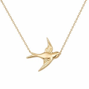 Sparrow Bird 14K Solid Gold Charm Pendant Necklace (Dainty Boho Swallow Flight ~ Memorial Gifts) {Pendant Also Available without Chain}